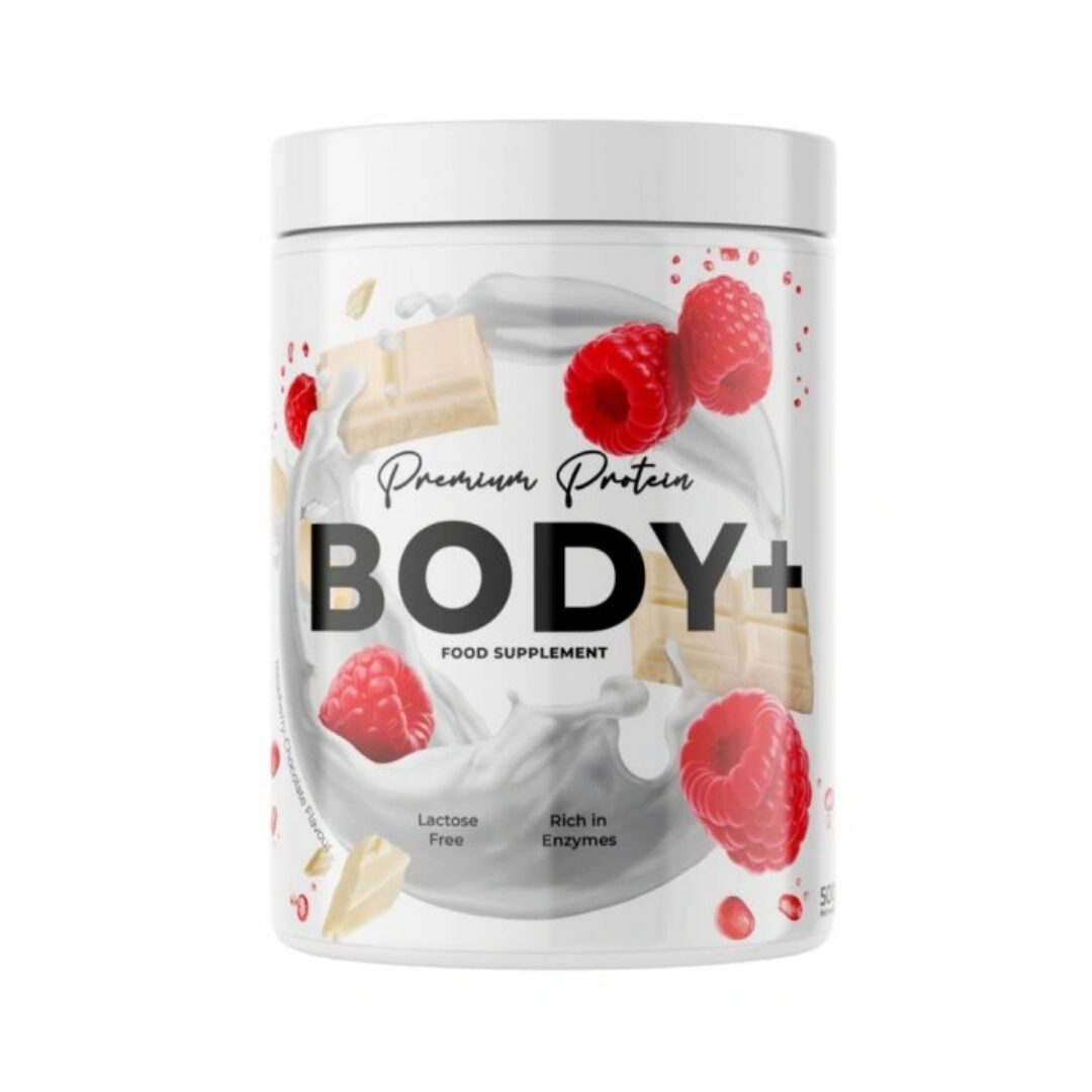 Protein BODY +, příchuť malina a bílá čokoláda, 500g