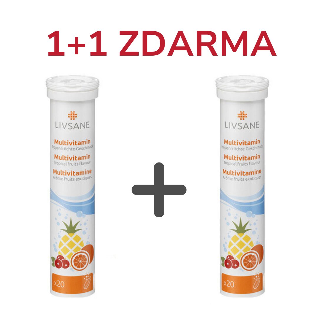 1+1 ZDARMA LIVSANE Šumivé tablety, multivitamin, příchuť tropické ovoce, 20 šumivých tablet