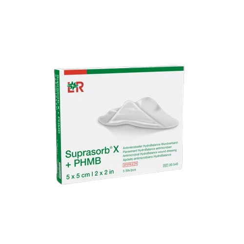 Krytí Hydrobalanční Suprasorb X+PHMB - 5 x 5 cm, s polyhexanidem, antimikrobiální, 5 ks